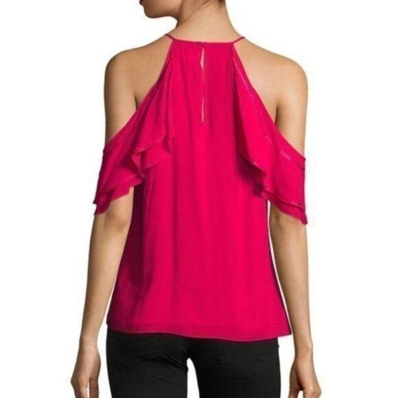 Parker‎ Top Embroidered Cold Shoulder High-neck Flutter Blouse, M - Picture 2 of 14
